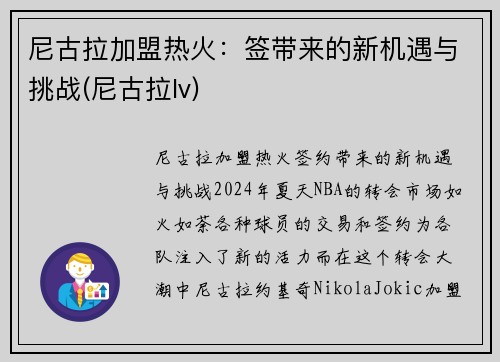 尼古拉加盟热火：签带来的新机遇与挑战(尼古拉lv)