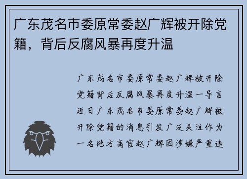 广东茂名市委原常委赵广辉被开除党籍，背后反腐风暴再度升温